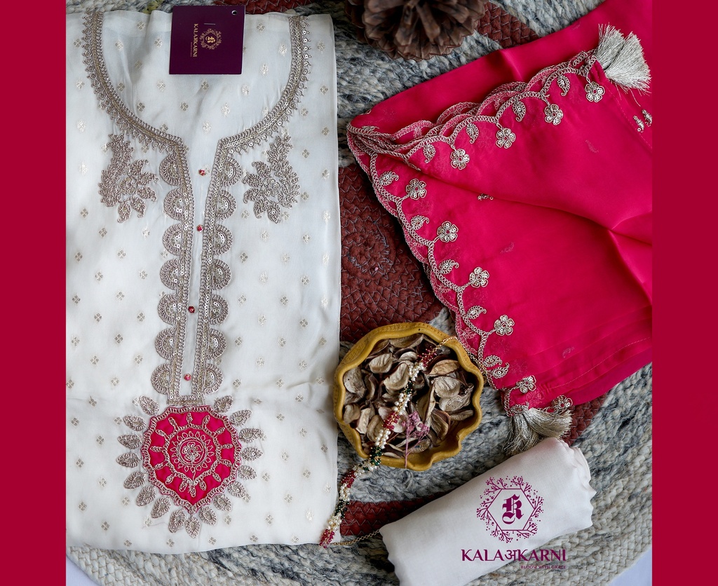 Zari Embroidery | Silk | Dress Material | Off White