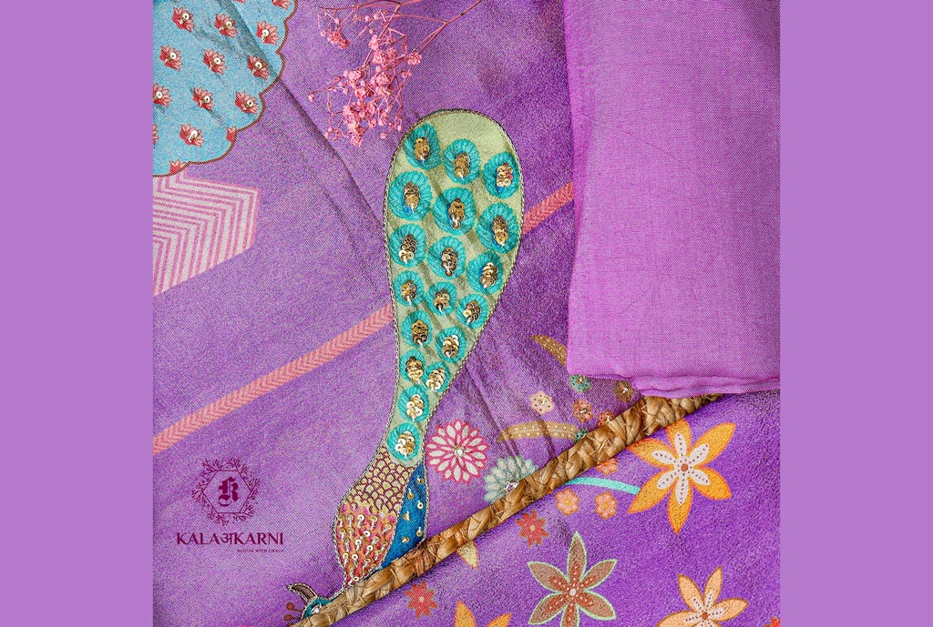 Peacock Embroidery | Silk | Dress Material | Purple