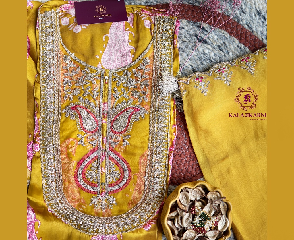Zari Embroidery | Pure Gajji Silk | Dress Material | Golden Yellow