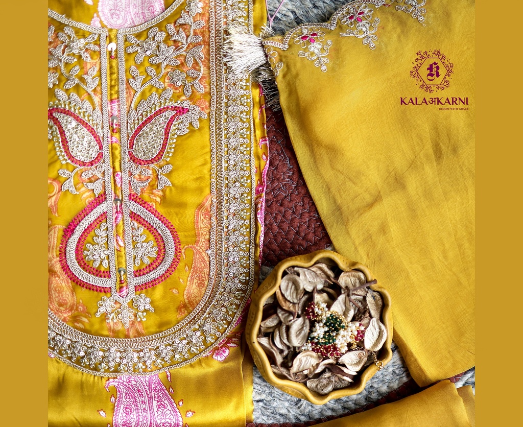 Zari Embroidery | Pure Gajji Silk | Dress Material | Golden Yellow