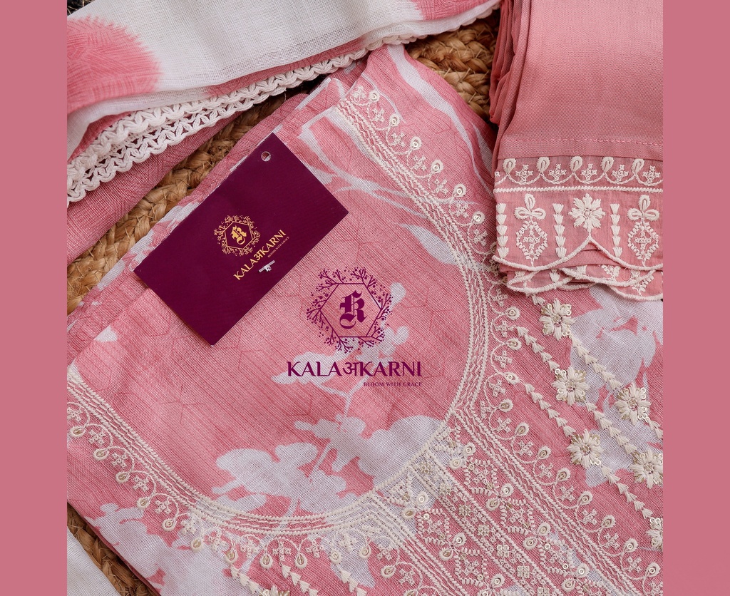 Thread Embroidery | Linen | Dress Material | Peach