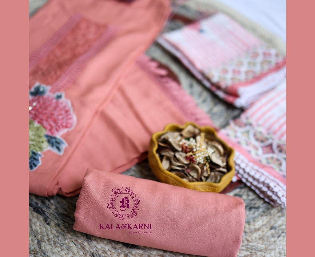 Colorful Thread Embroidery | Muslin Cotton | Dress Material | Peachy Pink