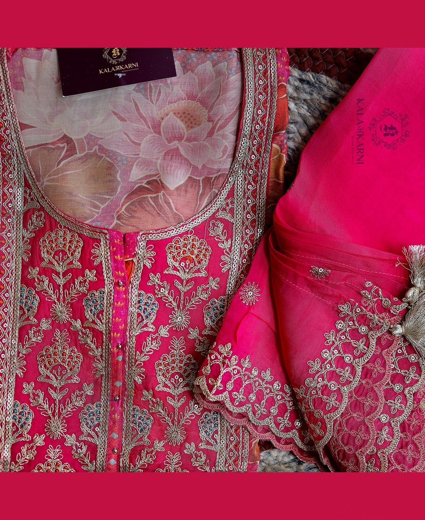 Zari Embroidery | Soft Silk | Dress Material | Bright Pink