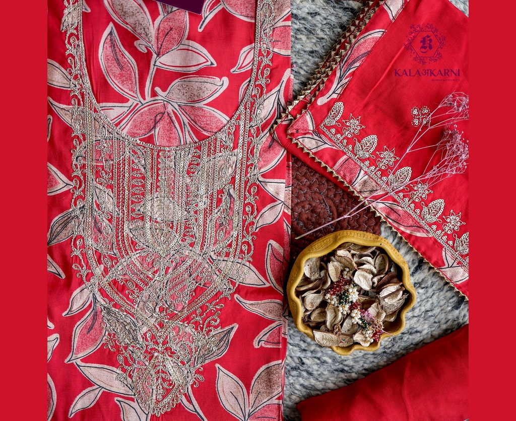 Zari Embroidery | Muslin Silk | Dress Material | Scarlet Red
