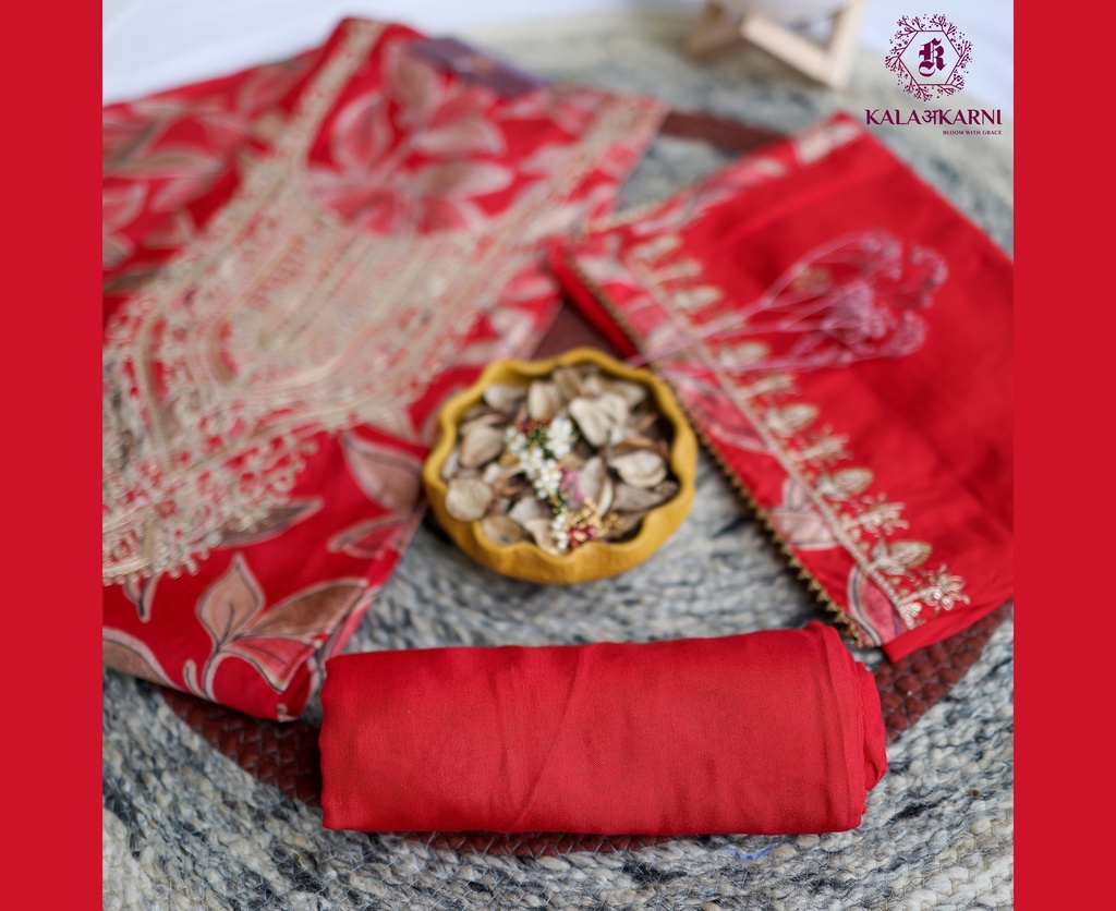 Zari Embroidery | Muslin Silk | Dress Material | Scarlet Red