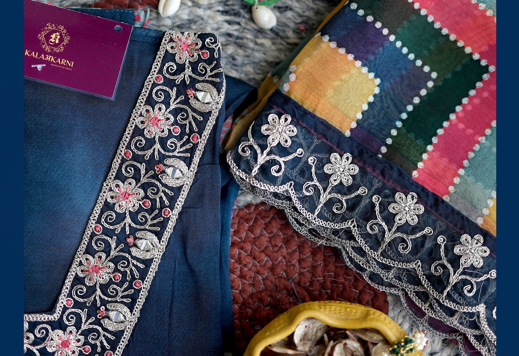Zari Embroidered | Organza Silk | Dress Material | Navy Blue