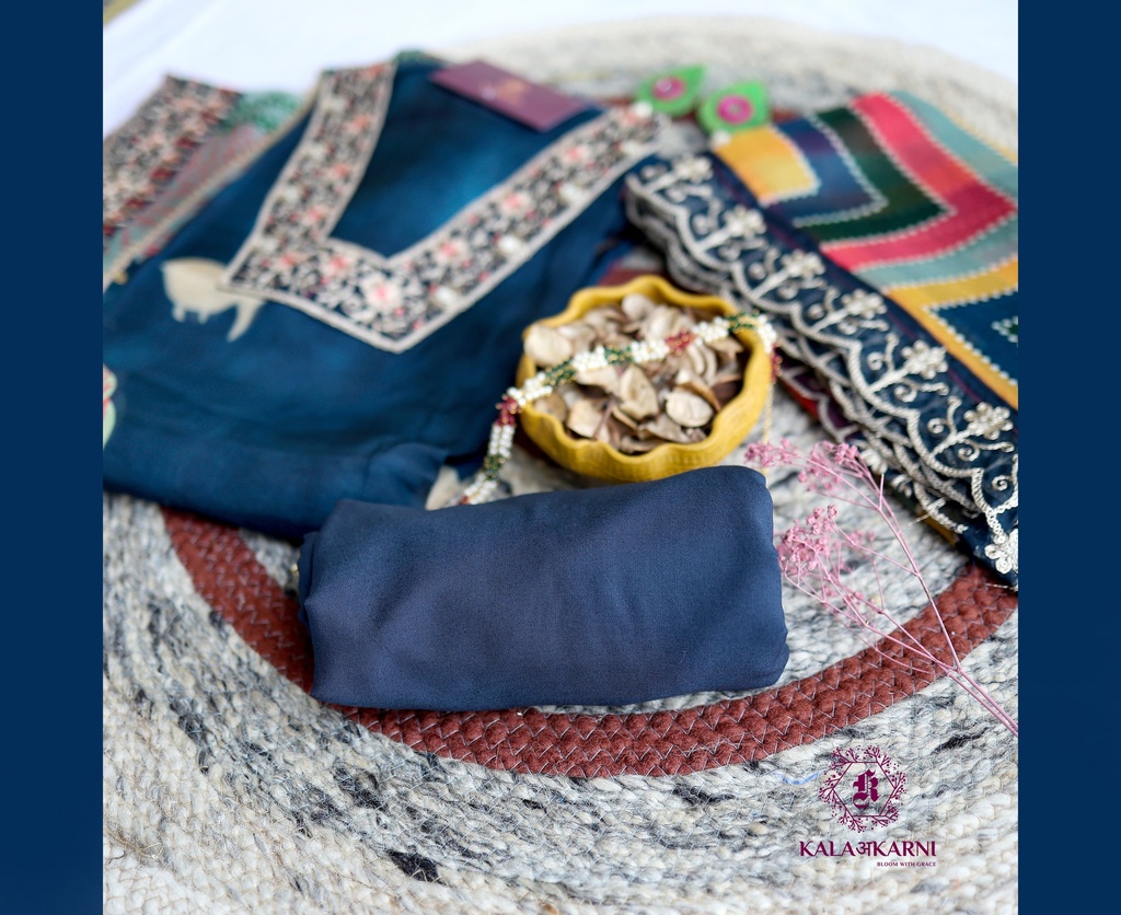 Zari Embroidered | Organza Silk | Dress Material | Navy Blue