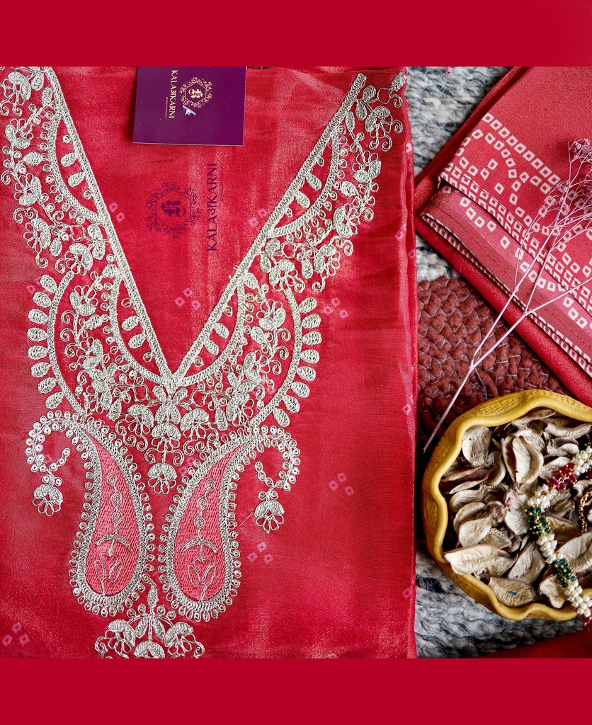 Bandhani Pattern-Zari Embroidery | Tasar Silk | Red
