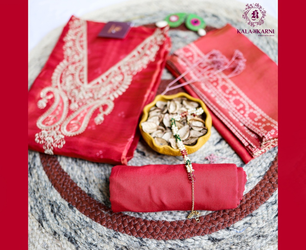 Bandhani Pattern-Zari Embroidery | Tasar Silk | Red
