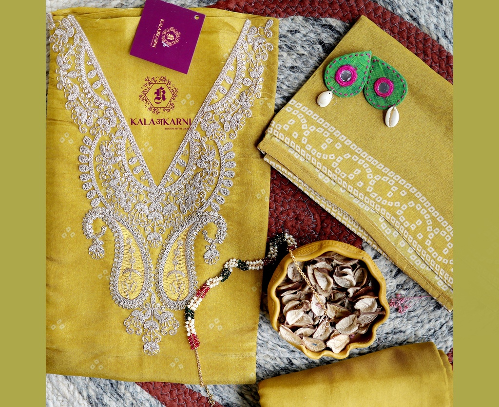 Bandhani Pattern-Zari Embroidery | Tasar Silk | Yellow