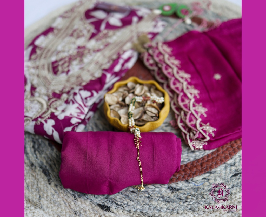 Petals | Zari Embroidery | Chinnon Silk | Magenta