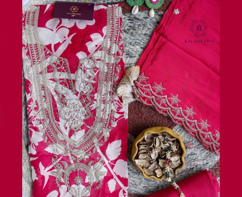  Petals | Zari Embroidery | Chinnon Silk | Hot Pink