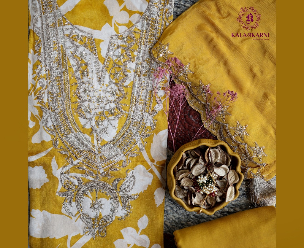  Petals | Zari Embroidery | Chinnon Silk | Yellow