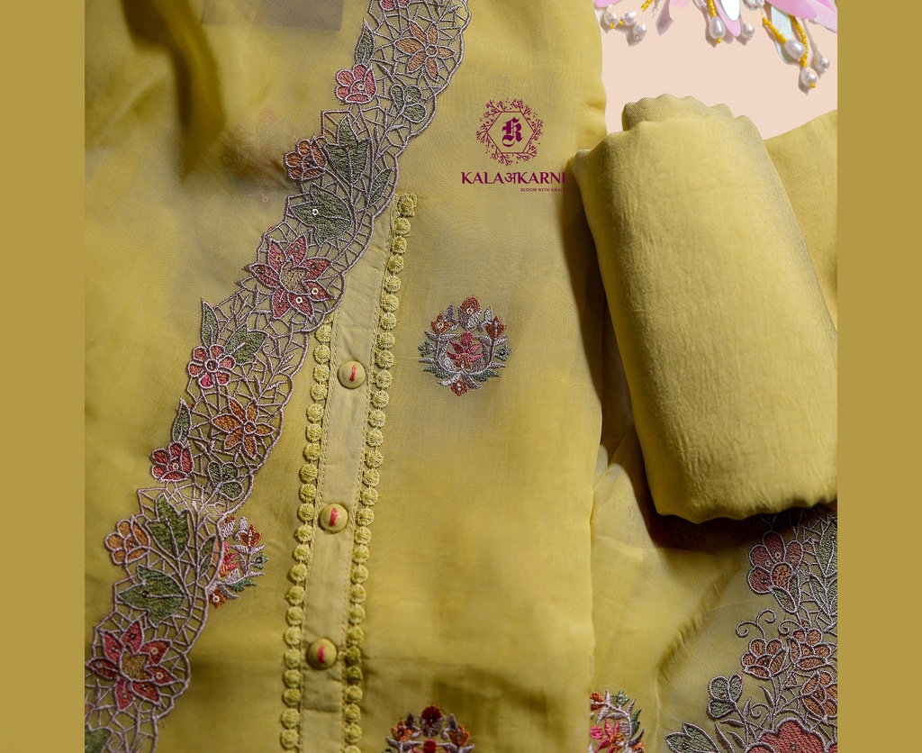 Embroidery | Organza Silk | Dress Material | Lime Yellow
