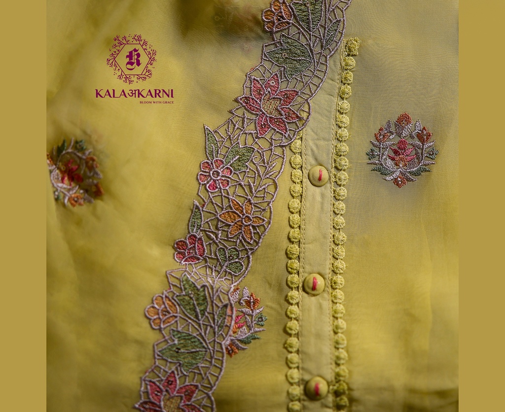 Embroidery | Organza Silk | Dress Material | Lime Yellow