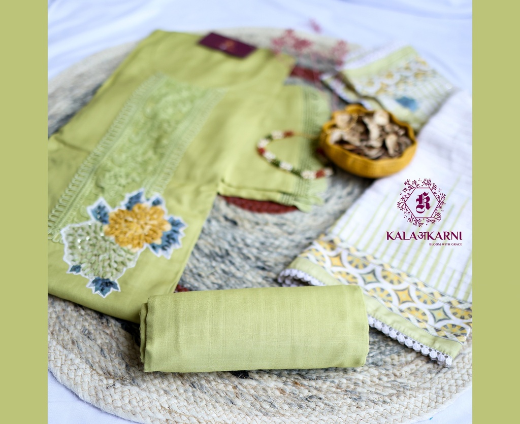 Thread Embroidery | Muslin Cotton | Dress Material | Light Mint Green