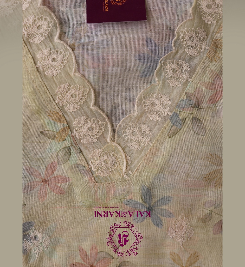 Thread Embroidery | Linen | Dress Material | Light Yellow