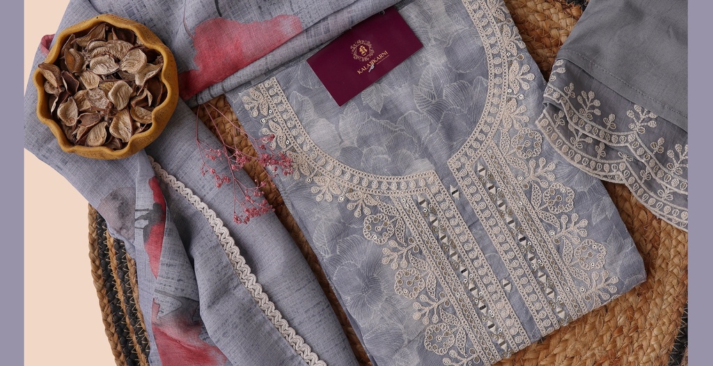 Thread Embroidery | Linen | Dress Material | Grey