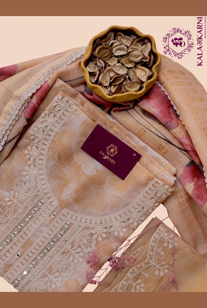 Thread Embroidery | Linen | Dress Material | Yellow