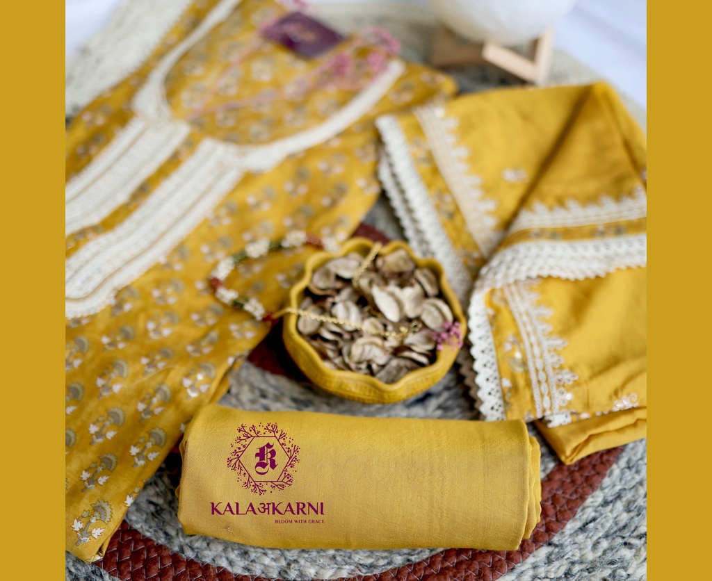 Thread Embroidery | Muslin Cotton | Dress Material | Mustard