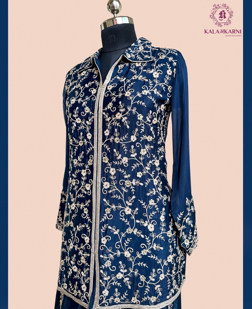 Chinnon Silk | Embroidered | Co-ord Set with Embroidery Palazzo | Navy Blue