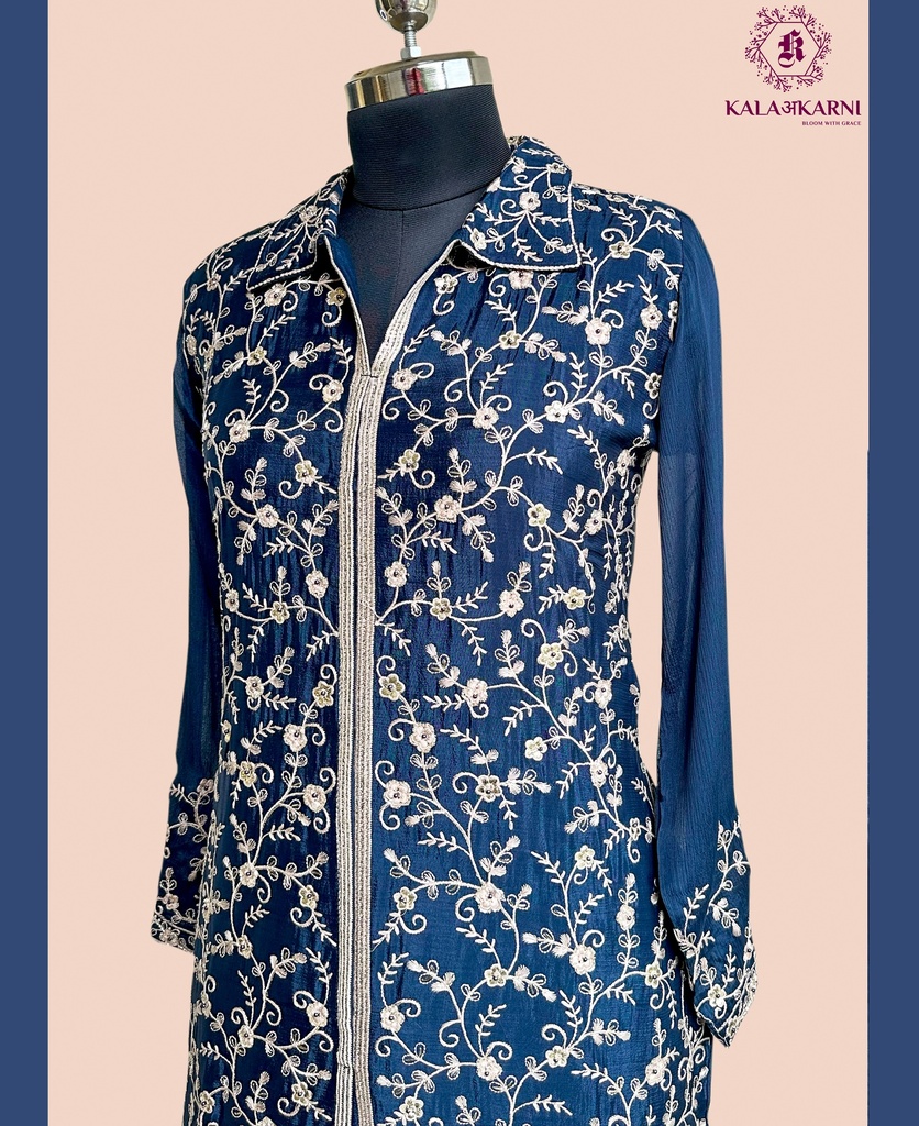 Chinnon Silk | Embroidered | Co-ord Set with Embroidery Palazzo | Navy Blue
