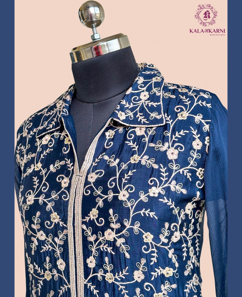 Chinnon Silk | Embroidered | Co-ord Set with Embroidery Palazzo | Navy Blue
