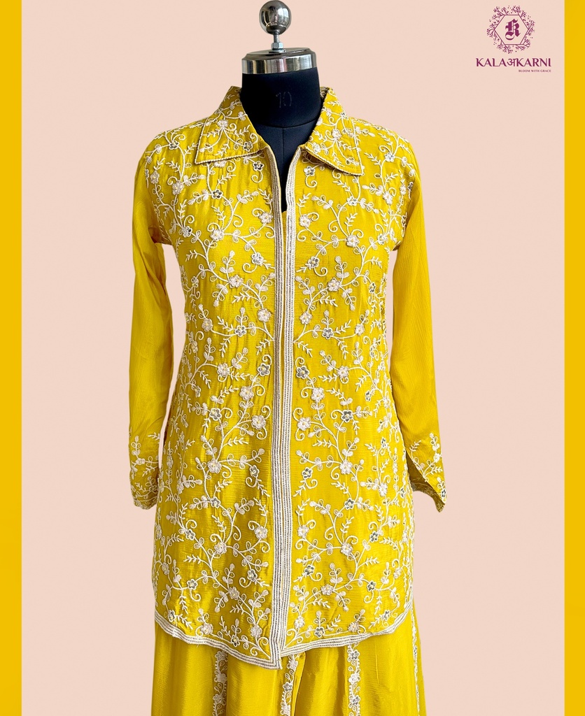 Chinnon Silk | Golden Embroidered | Co-ord Set with Embroidery Palazzo | Mustard