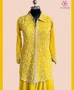 Chinnon Silk | Golden Embroidered | Co-ord Set with Embroidery Palazzo | Mustard
