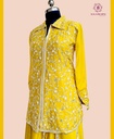 Chinnon Silk | Golden Embroidered | Co-ord Set with Embroidery Palazzo | Mustard