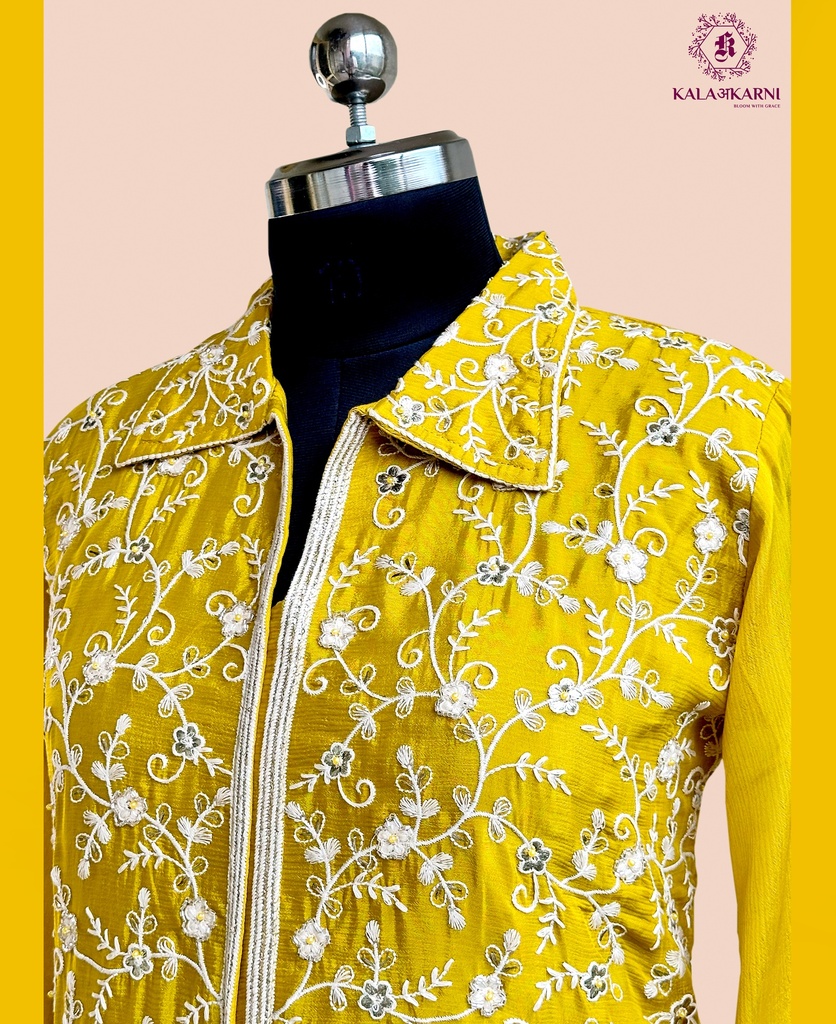 Chinnon Silk | Golden Embroidered | Co-ord Set with Embroidery Palazzo | Mustard