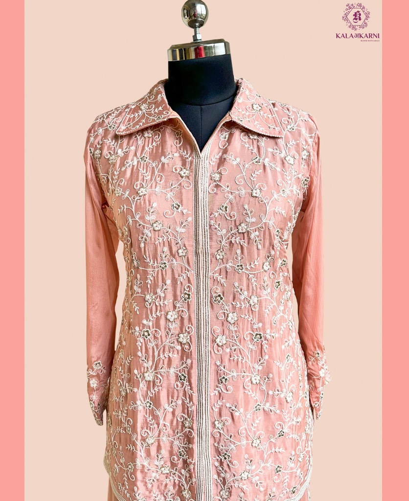 Chinnon Silk | Golden Embroidered | Co-ord Set with Embroidery Palazzo | Pastel Peach