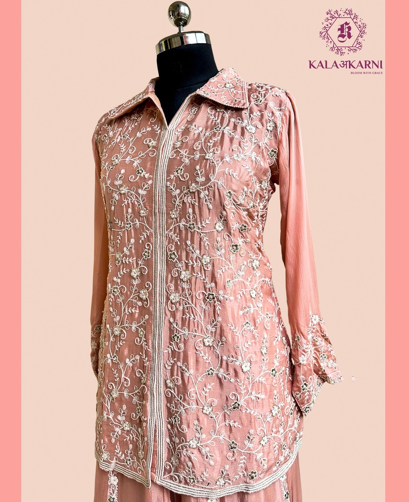 Chinnon Silk | Golden Embroidered | Co-ord Set with Embroidery Palazzo | Pastel Peach