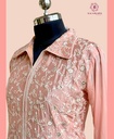Chinnon Silk | Golden Embroidered | Co-ord Set with Embroidery Palazzo | Pastel Peach