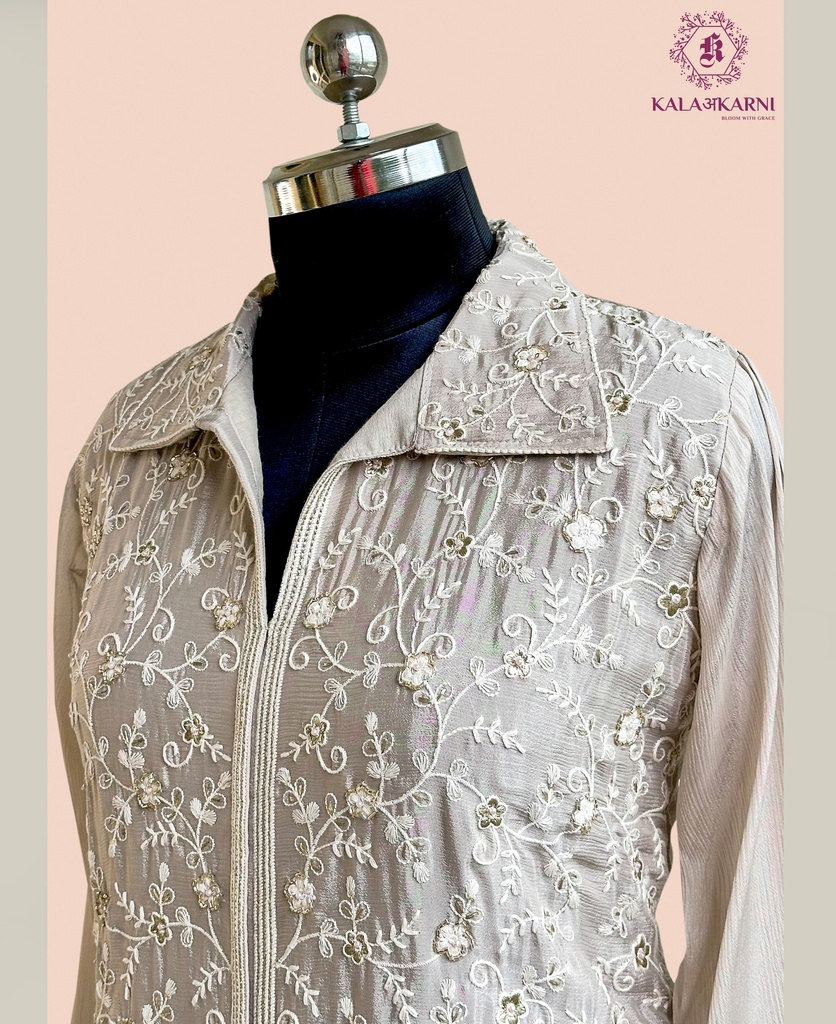 Chinnon Silk | Embroidered | Co-ord Set with Embroidery Palazzo | Abalone Grey