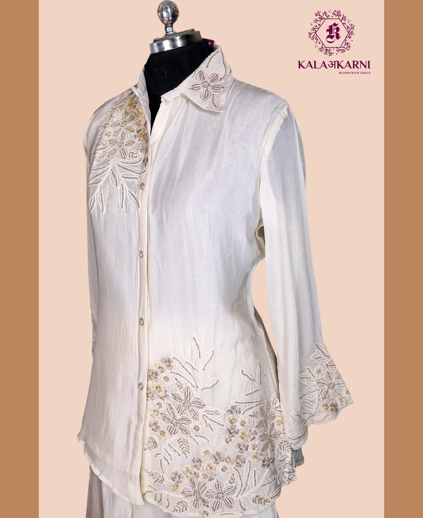 Chinnon Silk | Embroidered | Co-ord Set with Palazzo | Ivory