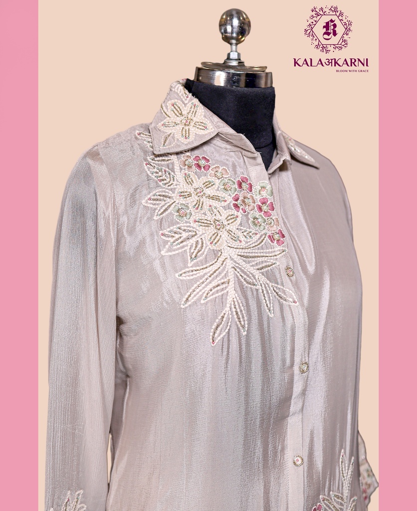 Chinnon Silk | Embroidered | Co-ord Set with Palazzo | Grey
