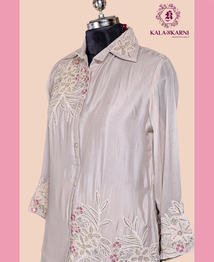 Chinnon Silk | Embroidered | Co-ord Set with Palazzo | Grey