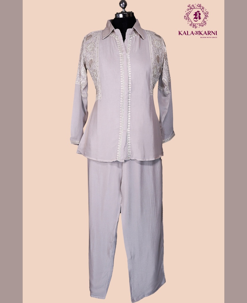 Chinnon Silk | Thread Work | Co-ord Set with Palazzo Pants | Grey