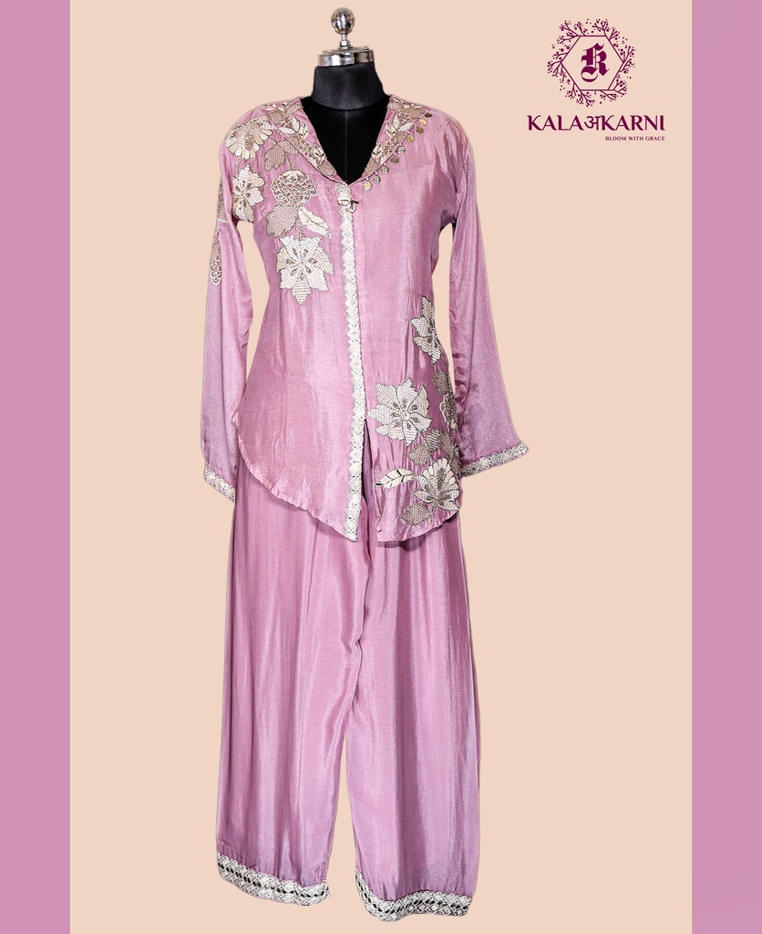Chinnon Silk | Embroidered V-Neck | Co-ord Set with Palazzo Pants | Onion Pink