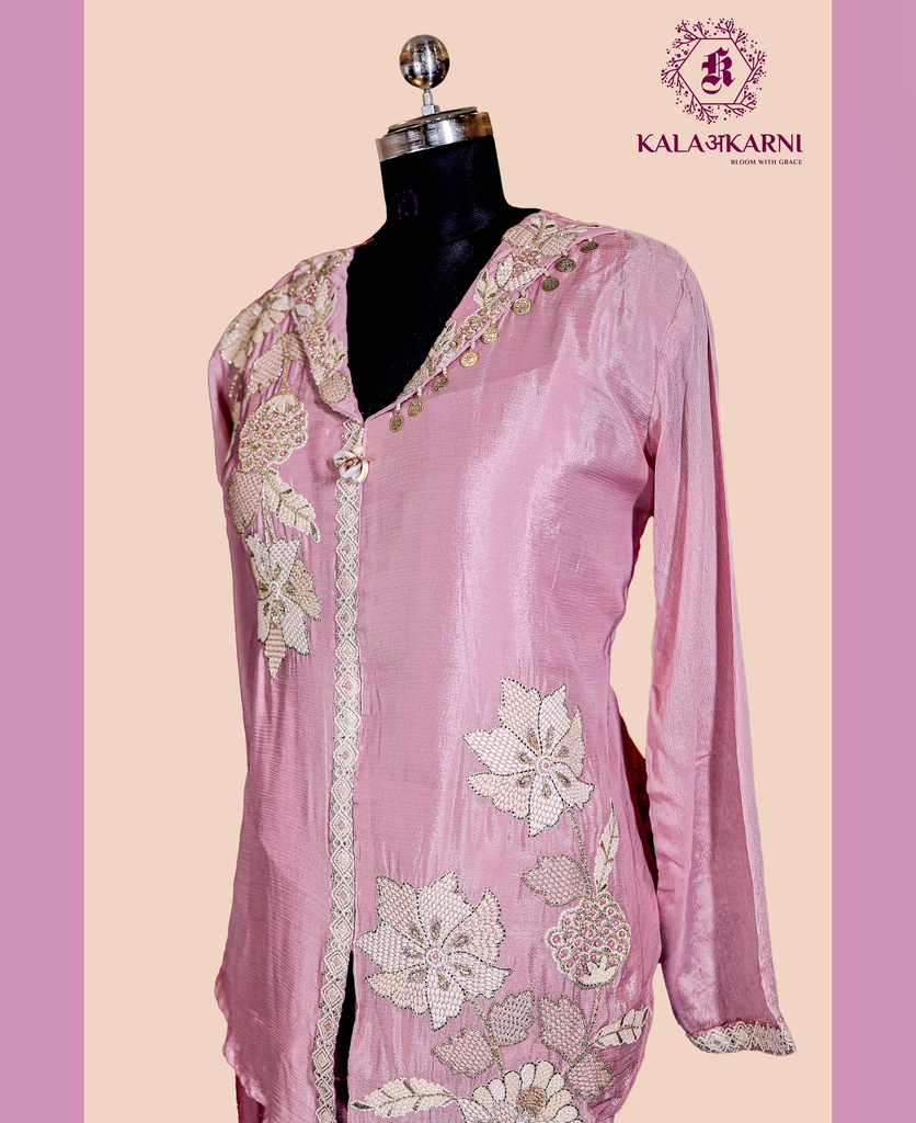 Chinnon Silk | Embroidered V-Neck | Co-ord Set with Palazzo Pants | Onion Pink