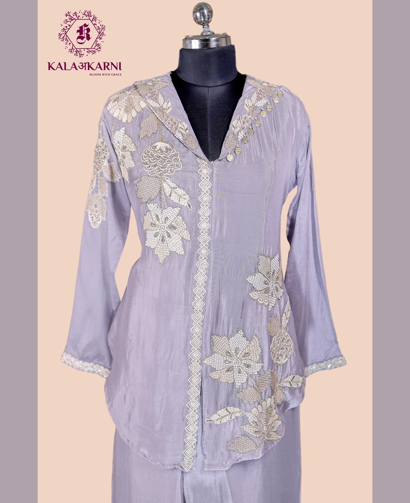 Chinnon Silk | Embroidered V-Neck | Co-ord Set with Palazzo Pants | Lavender