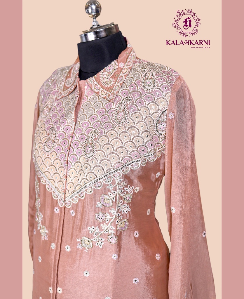 Chinnon Silk | Front & Back Embroidered | Co-ord Set with Palazzo Pants | Peach