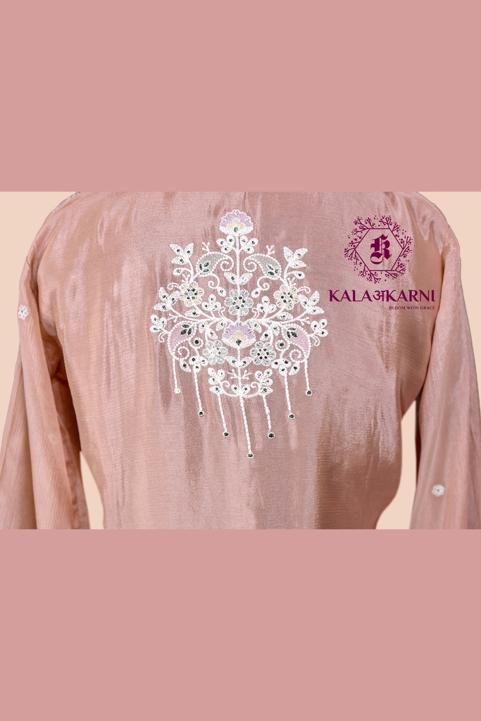 Chinnon Silk | Front & Back Embroidered | Co-ord Set with Palazzo Pants | Peach