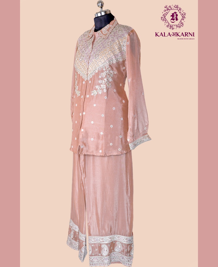 Chinnon Silk | Front & Back Embroidered | Co-ord Set with Palazzo Pants | Peach
