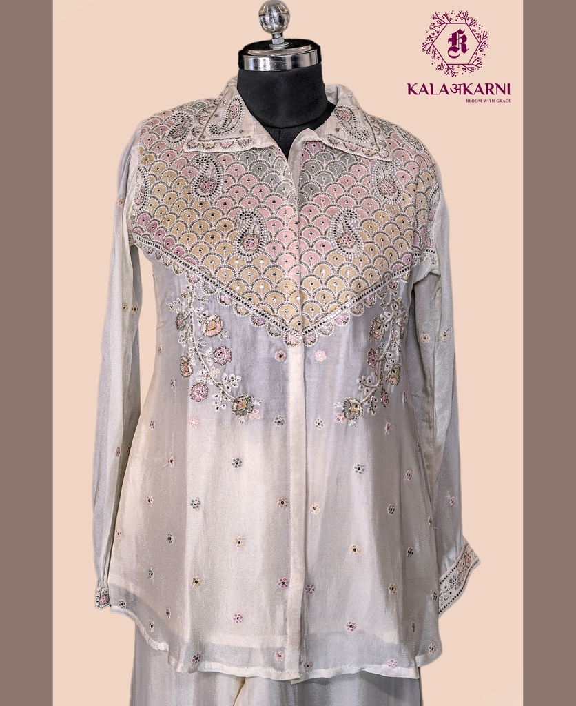 
Chinnon Silk | Front & Back Embroidered | Co-ord Set with Palazzo Pants | Ivory