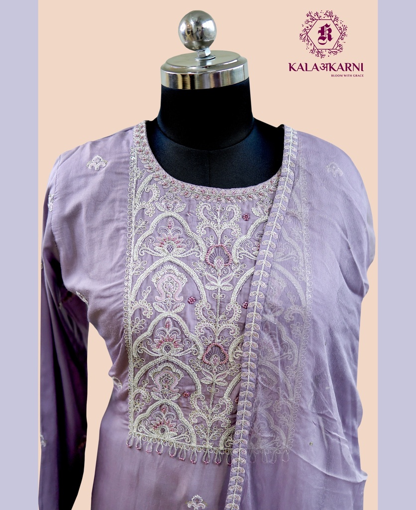 Thread Embroidery | Muslin Silk | Suit set with Pants | Lilac