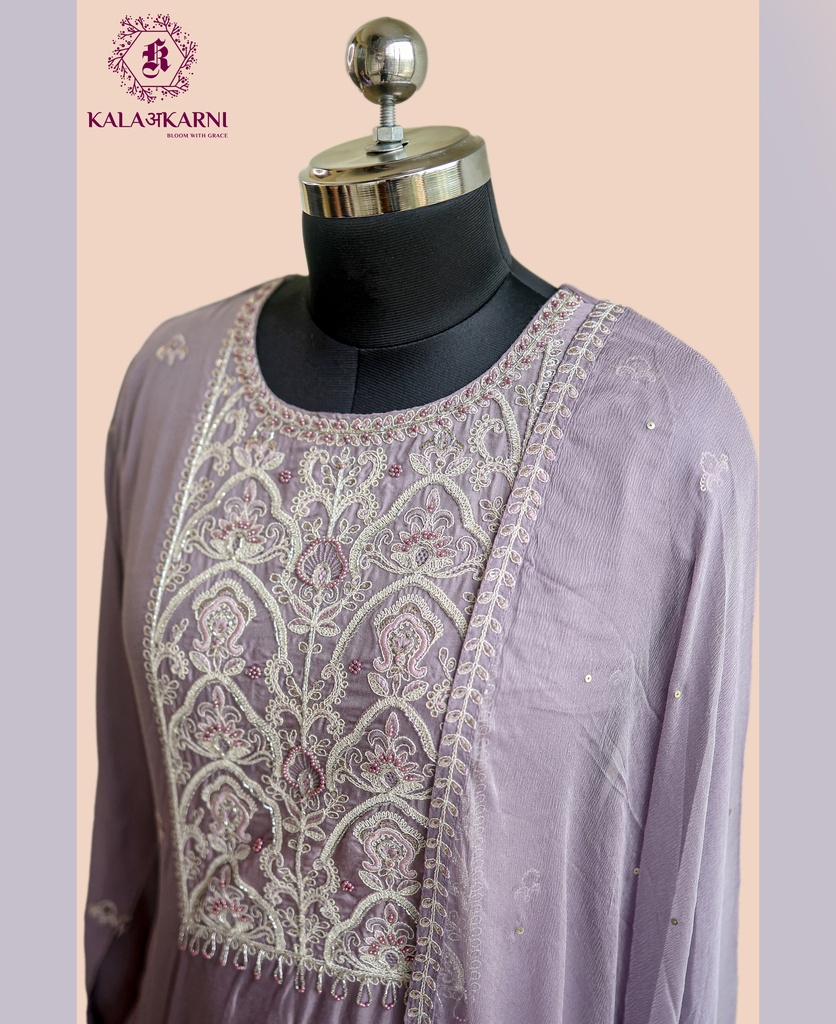 Thread Embroidery | Muslin Silk | Suit set with Pants | Lilac