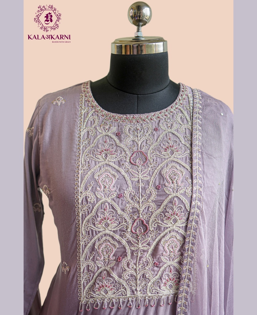 Thread Embroidery | Muslin Silk | Suit set with Pants | Lilac