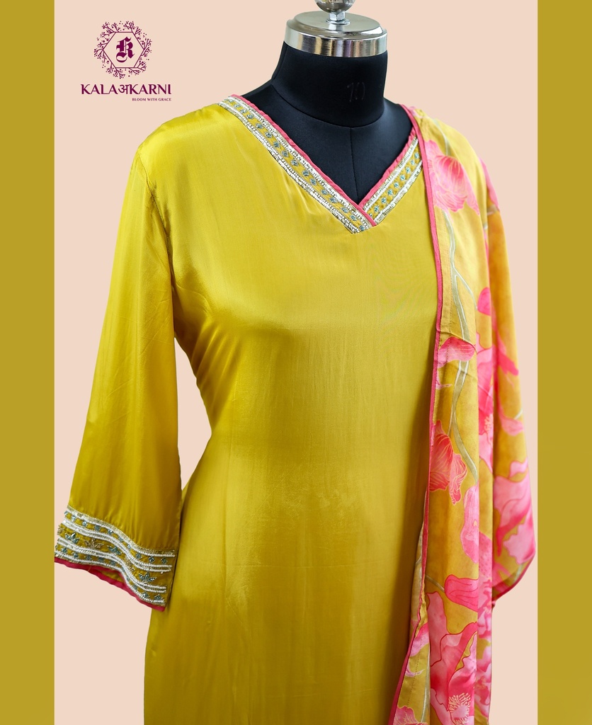 Embroidery | Russian Silk | Suit set with Palazzo | Golden Yellow